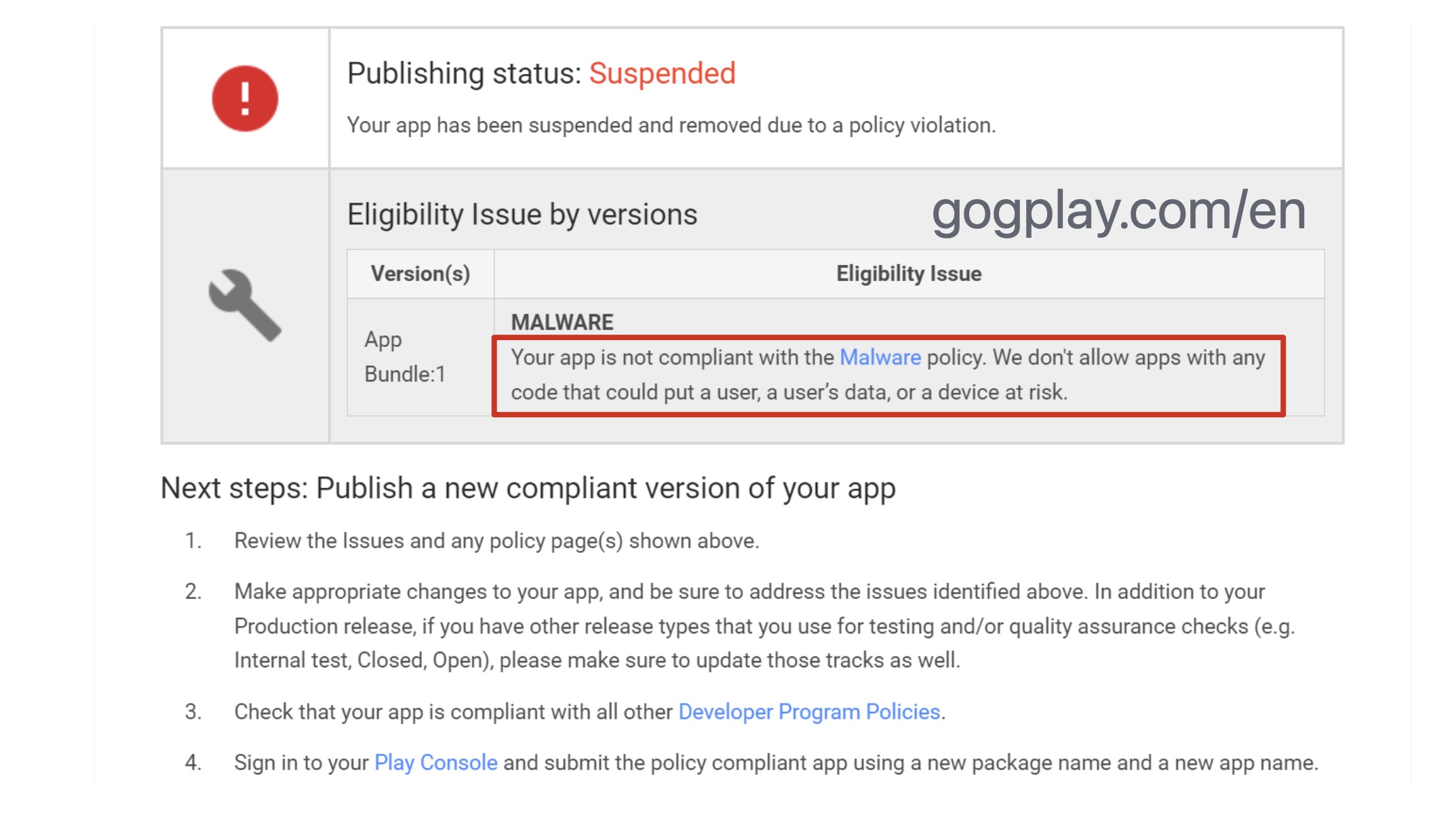 Google Play developer account submission review is disabled: malware, mobile spam, behavioral transparency and other package rejection issues